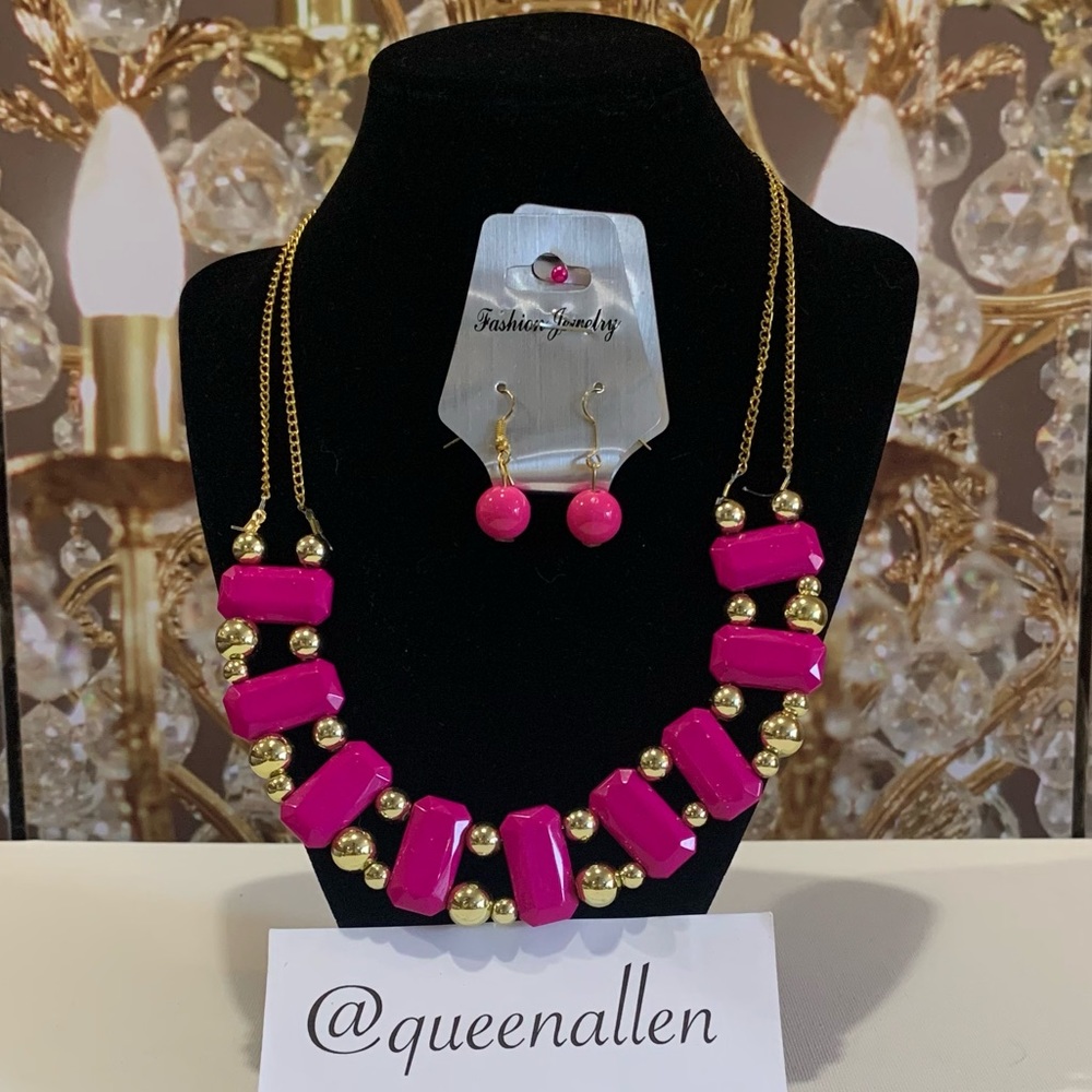Bib Necklace and Earrings Set- Magenta
